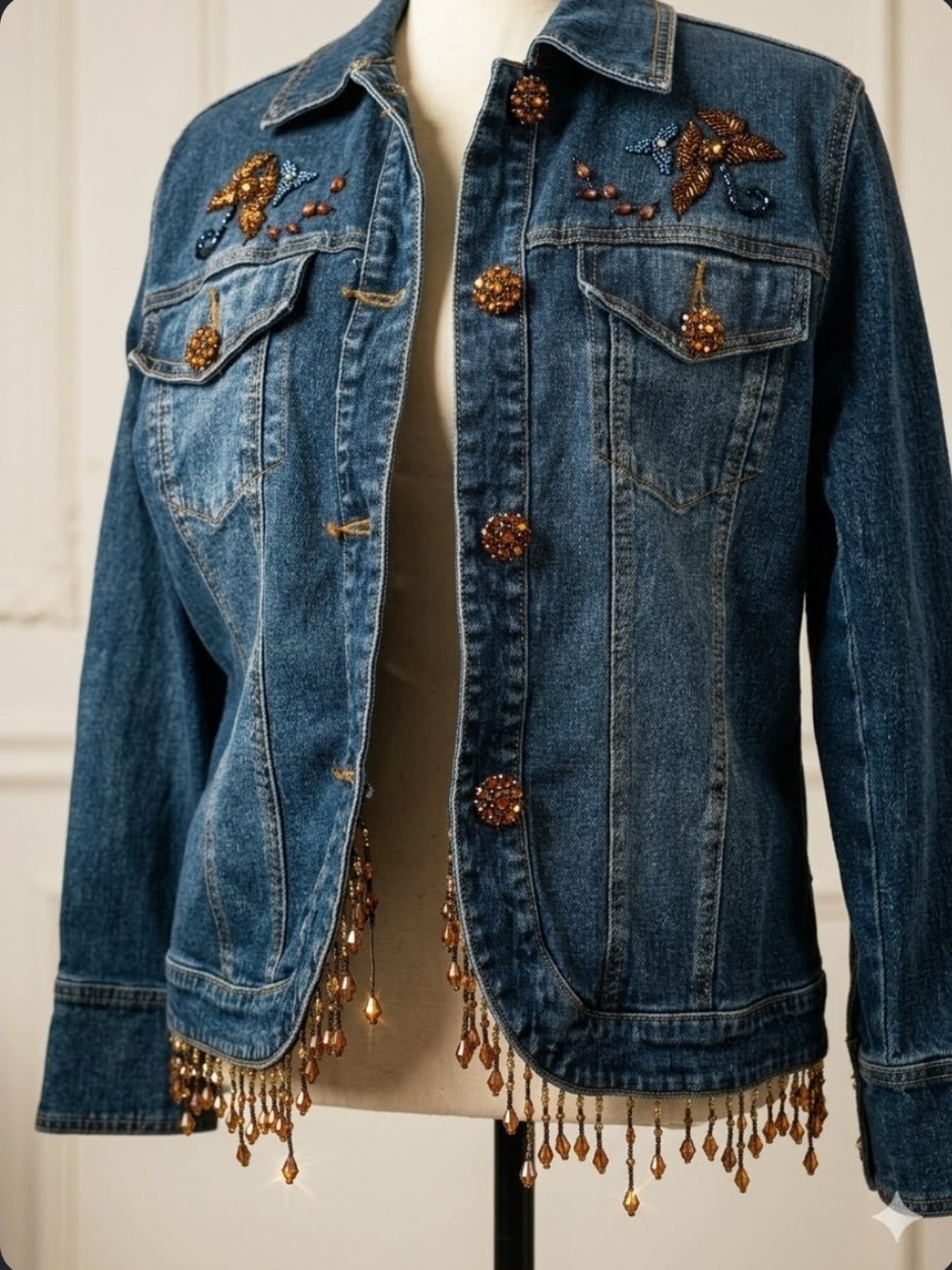 DG2 Diane Gilman Beaded Embellished Floral Bee Art Jean Jacket Medium Denim Y2K.